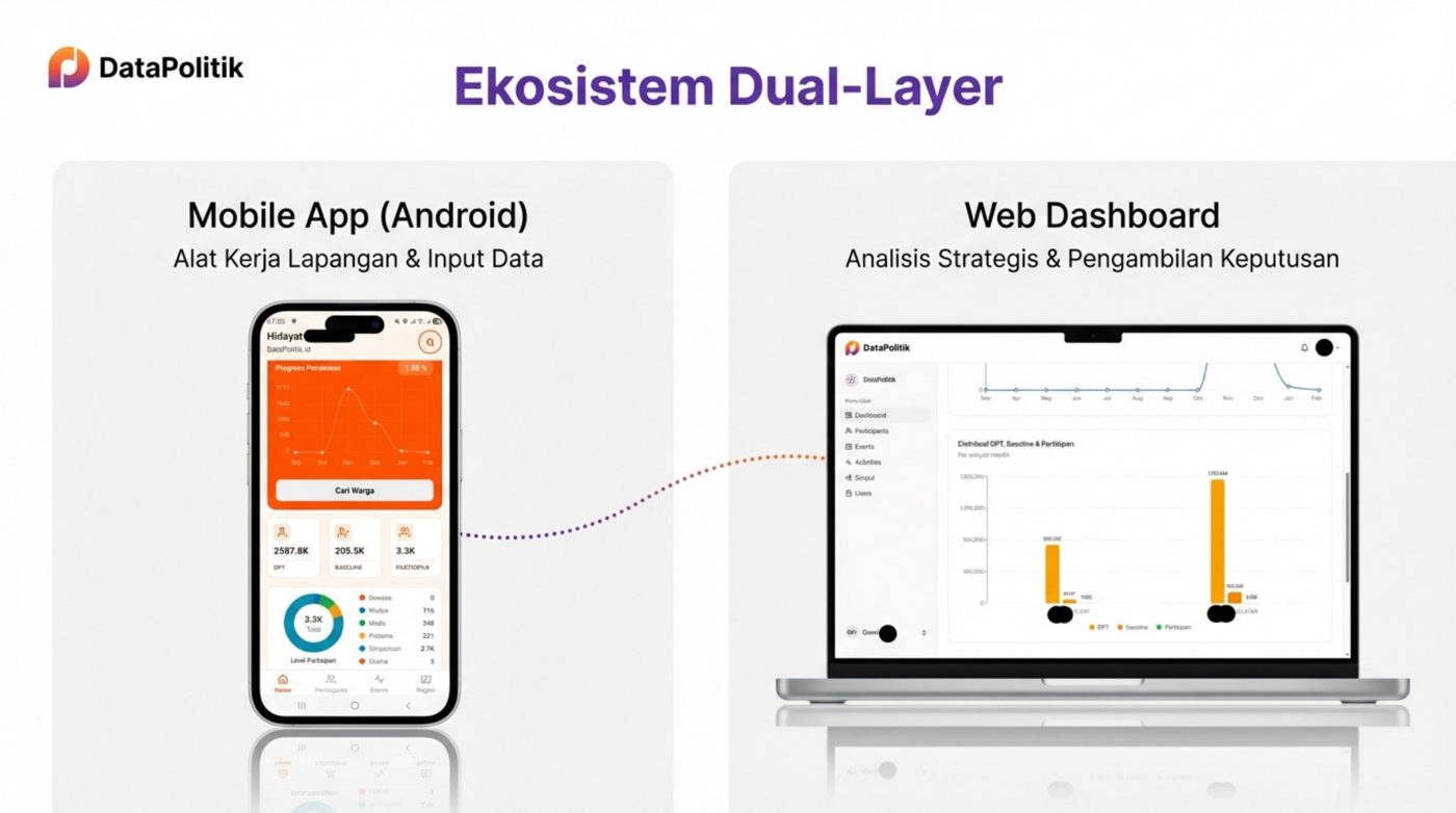 Ekosistem dual-layer: mobile app Android untuk lapangan dan web dashboard untuk pengambil keputusan